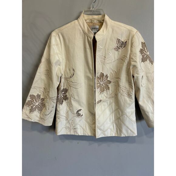 Chicos Jacket Embroidered Cut Out Cotton Open Front Womens Size Small Excellent - Picture 1 of 5
